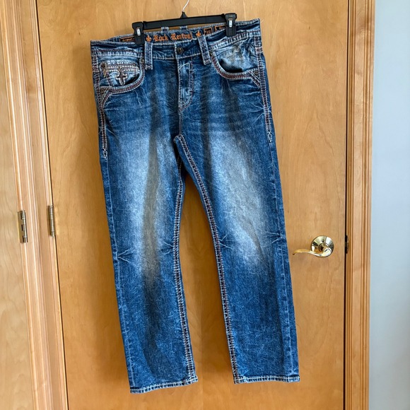Rock Revival Greg Straight Jeans Mens 38 Blue Distressed Embroidered EP9891J202R